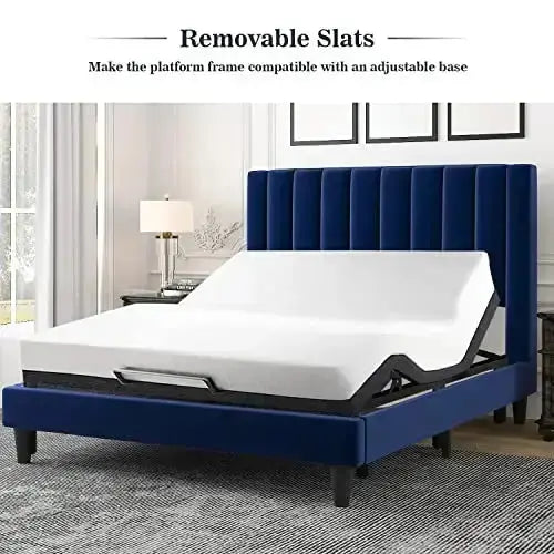Allewie Velvet Upholstered Platform Bed Frame with Tufted Design - Navy Blue