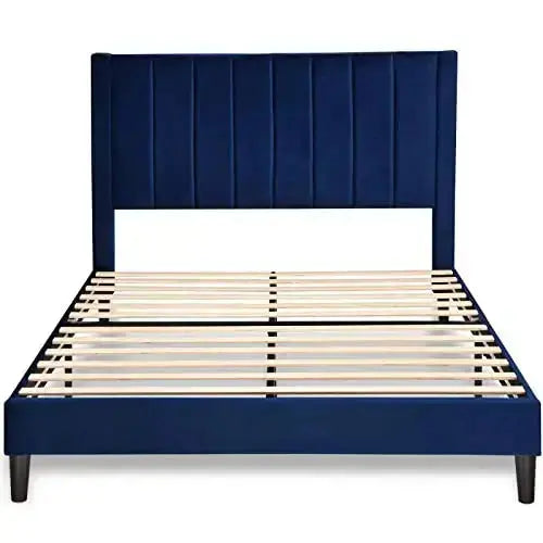 Allewie Velvet Upholstered Platform Bed Frame with Tufted Design - Navy Blue