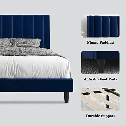 Allewie Velvet Upholstered Platform Bed Frame with Tufted Design - Navy Blue