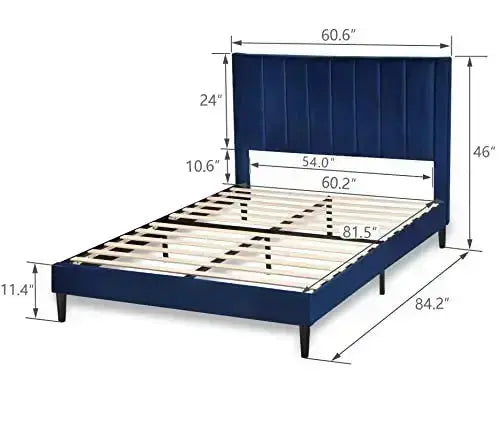 Allewie Velvet Upholstered Platform Bed Frame with Tufted Design - Navy Blue