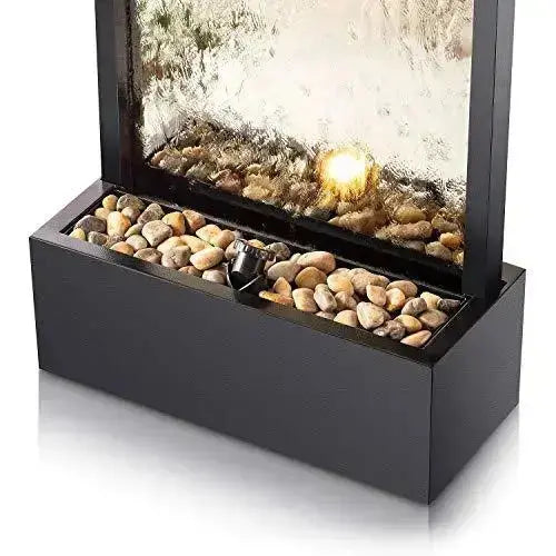 Alpine Mirror Waterfall Fountain with Stones and Light, 72" - Silver