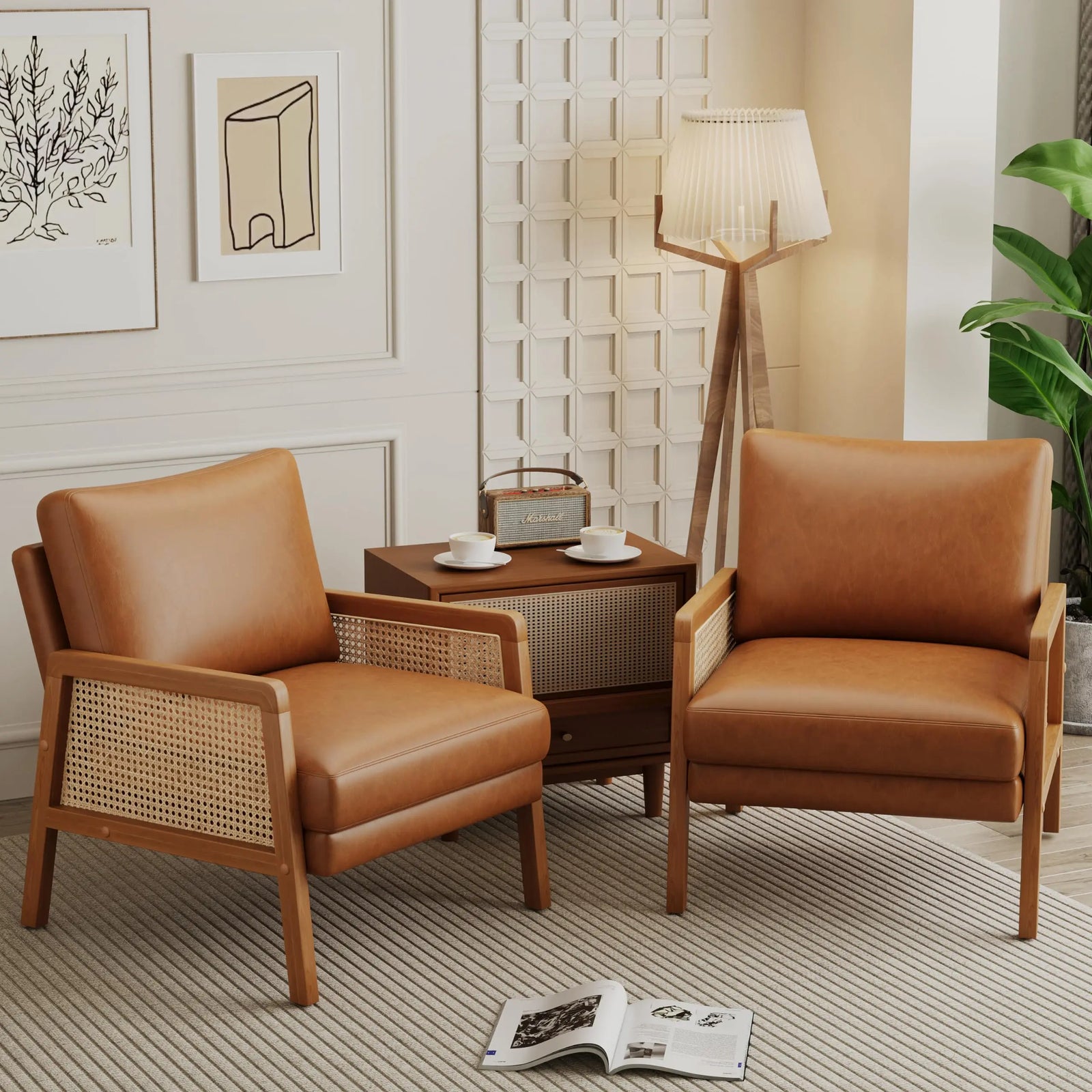 Alunaune Brown Accent Chair Set of 2 Natural Rattan Armchairs, Modern Faux Leather Slipper Club Chair - Natural Brown 