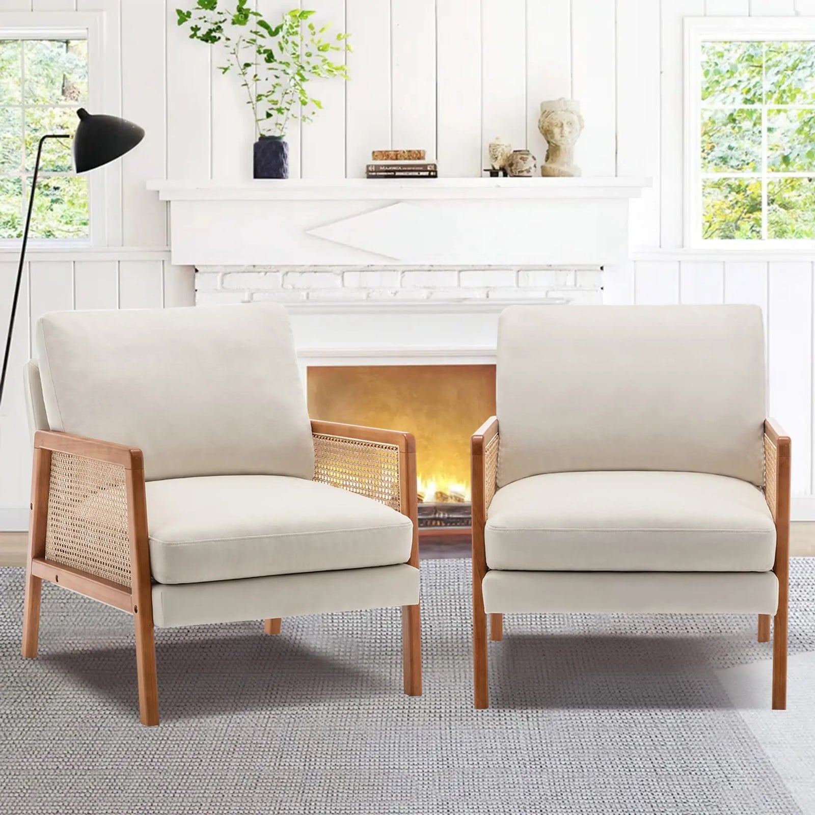 Alunaune Ivory Accent Chair Set of 2, Upholstered Natural Rattan Armchairs, Modern Slipper Club Chair - Ivory 