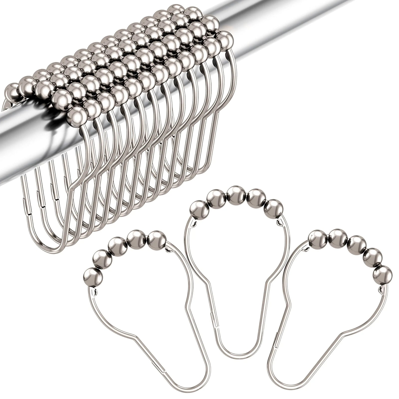 Amazer Shower Curtain Hooks, Decorative Rust Proof Stainless Steel Shower Curtain Hooks for Bathroom Shower Rods Set of 12, Polished Nickel 