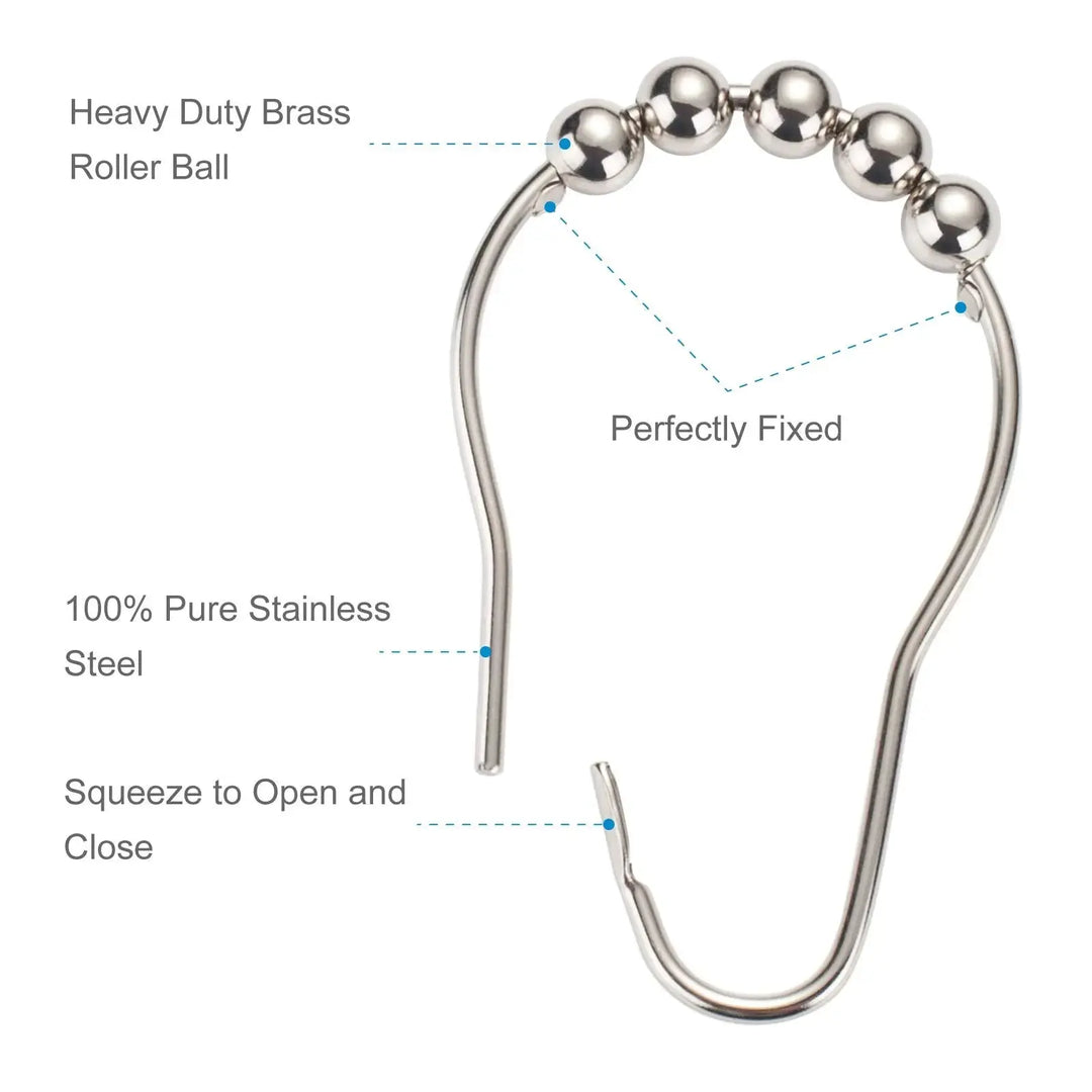 Amazer Shower Curtain Hooks, Decorative Rust Proof Stainless Steel Shower Curtain Hooks for Bathroom Shower Rods Set of 12, Polished Nickel 