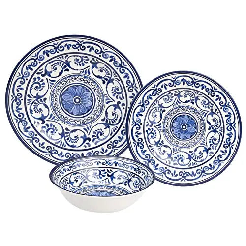 Amazon Basics 12-Piece Melamine Dinnerware Set, Serves 4 - Traditional Blue and White Amazon Basics