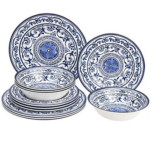 Amazon Basics 12-Piece Melamine Dinnerware Set, Serves 4 - Traditional Blue and White Amazon Basics