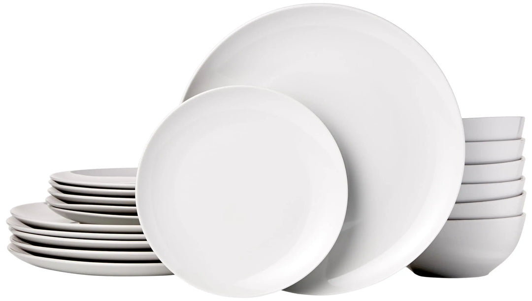 Amazon Basics 18-Piece Complete Kitchen Dinnerware Set, White Porcelain Coupe