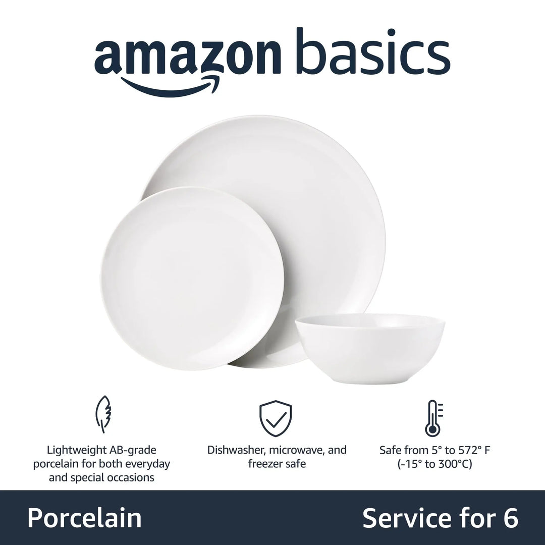 Amazon Basics 18-Piece Complete Kitchen Dinnerware Set, White Porcelain Coupe