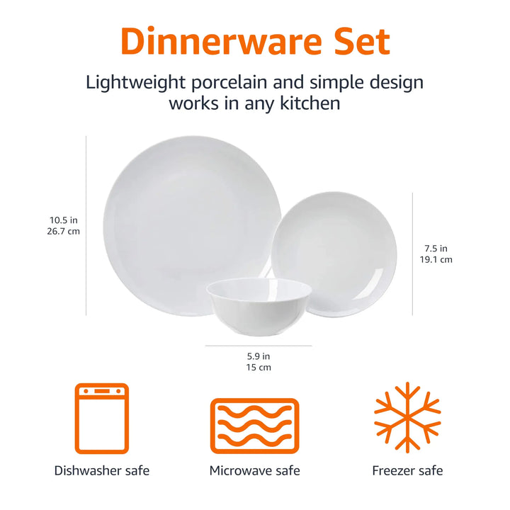 Amazon Basics 18-Piece Complete Kitchen Dinnerware Set, White Porcelain Coupe