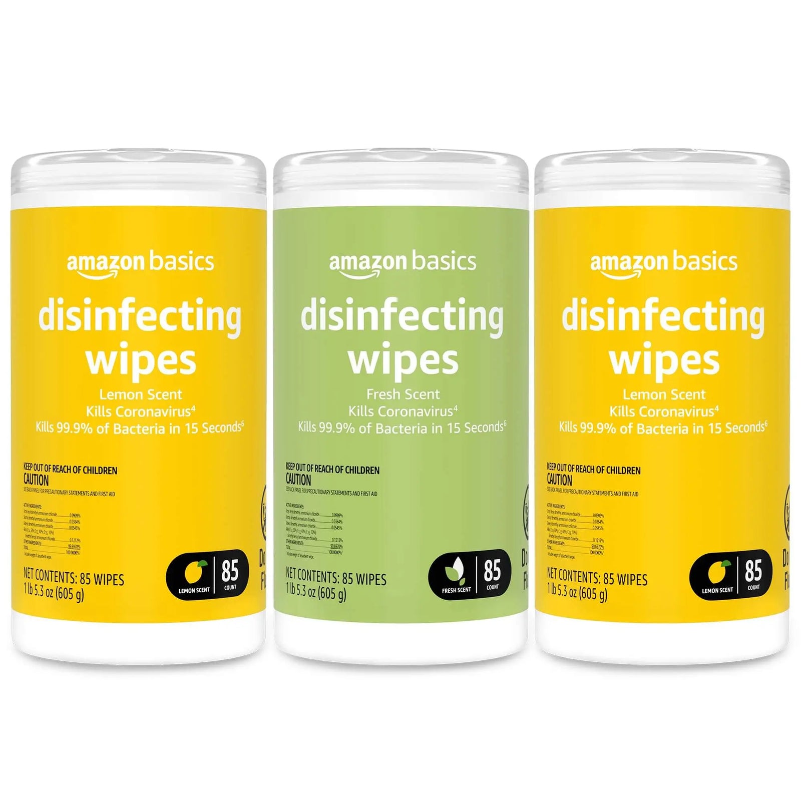 Amazon Basics Disinfecting Wipes, Lemon & Fresh Scent, 255 Count (3 Packs of 85) 