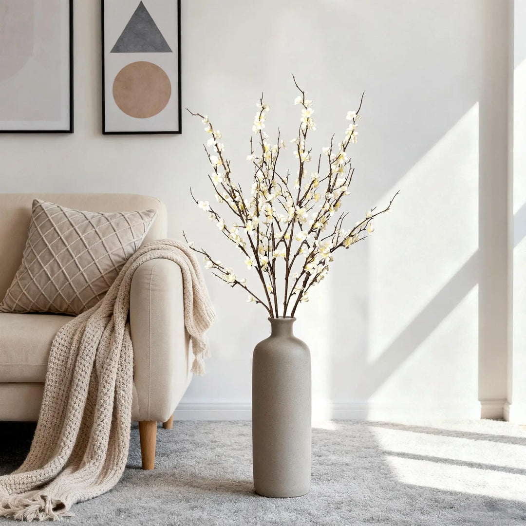 Ammyoo 4Pcs Cherry Blossom Branches Artificial Flowers for Spring Summer Indoor Decoration,Faux Long Stem Artificial Flowers for Wedding Home Office Bedroom Party Table Centerpieces Decor(White)