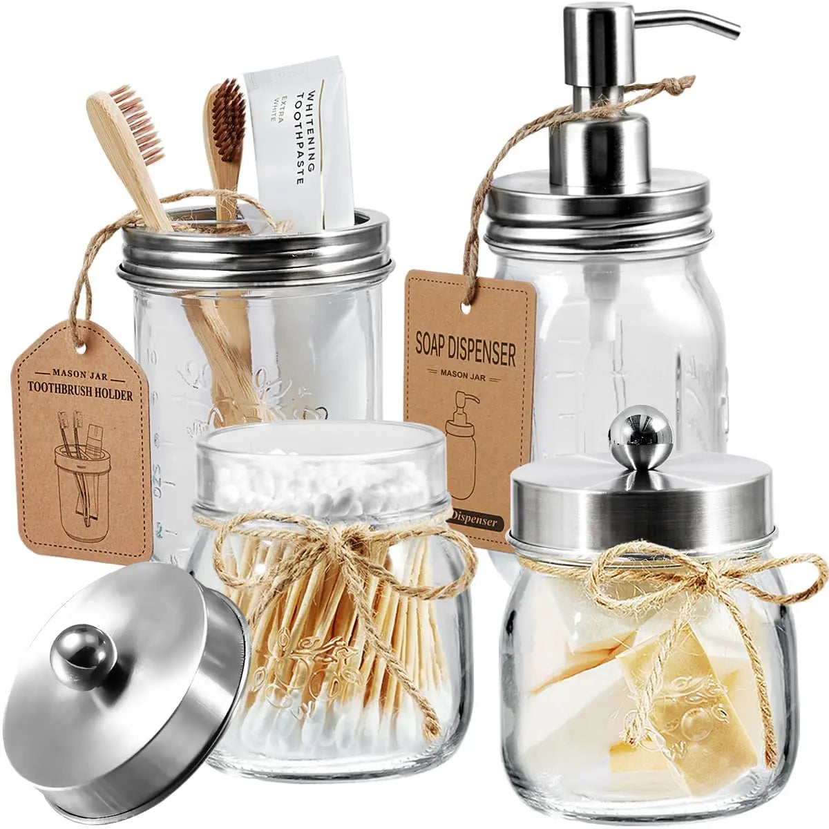 Amolliar Mason Jar Bathroom Accessories Set(4 Pcs) -Lotion Soap Dispenser & 2 Qtip Holder & Toothbrush Holder-Rustic Farmhouse Decor,Countertop Vanity Organize，Bathroom Home Decor (Brushed Nickel) 