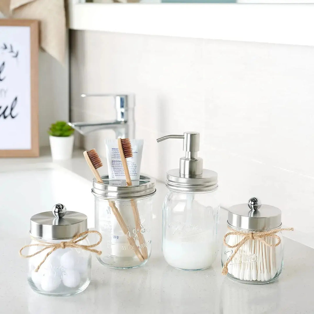 Amolliar Mason Jar Bathroom Accessories Set(4 Pcs) -Lotion Soap Dispenser & 2 Qtip Holder & Toothbrush Holder-Rustic Farmhouse Decor,Countertop Vanity Organize，Bathroom Home Decor (Brushed Nickel) 
