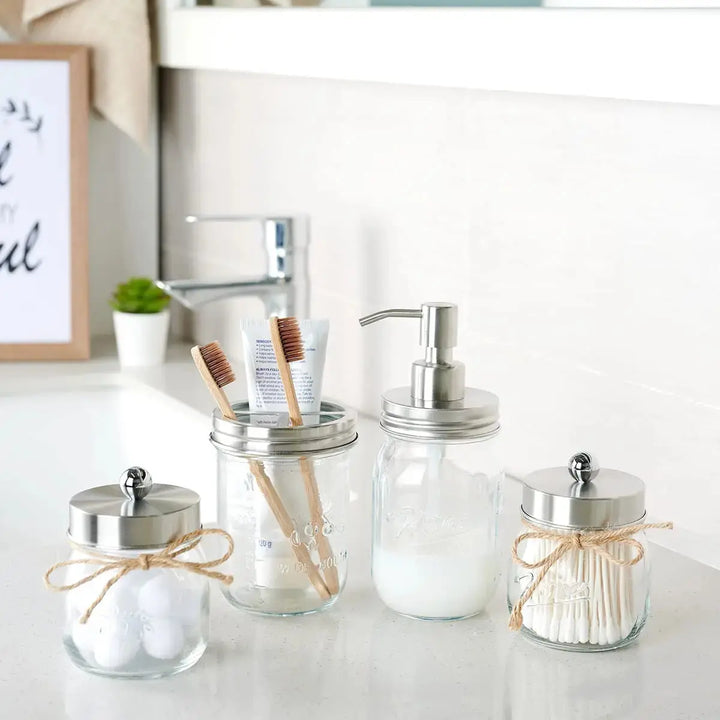 Amolliar Mason Jar Bathroom Accessories Set(4 Pcs) -Lotion Soap Dispenser & 2 Qtip Holder & Toothbrush Holder-Rustic Farmhouse Decor,Countertop Vanity Organize，Bathroom Home Decor (Brushed Nickel) 