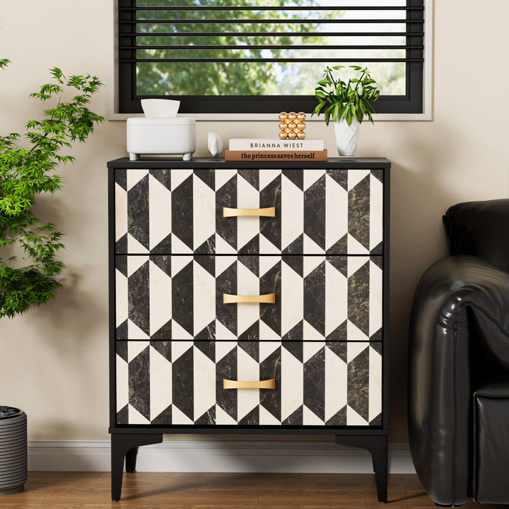 Anbuy Black Marble Nightstand, Modern Night Stand with 3 Drawers for Bedroom, Large Side End Table Bedside Night Tables with Gold Handles &amp; Matel Legs 