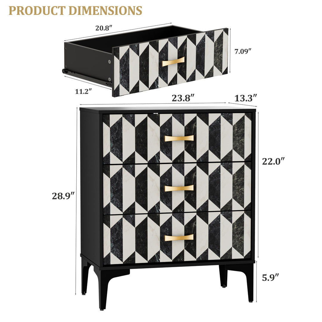 Anbuy Black Marble Nightstand, Modern Night Stand with 3 Drawers for Bedroom, Large Side End Table Bedside Night Tables with Gold Handles &amp; Matel Legs 
