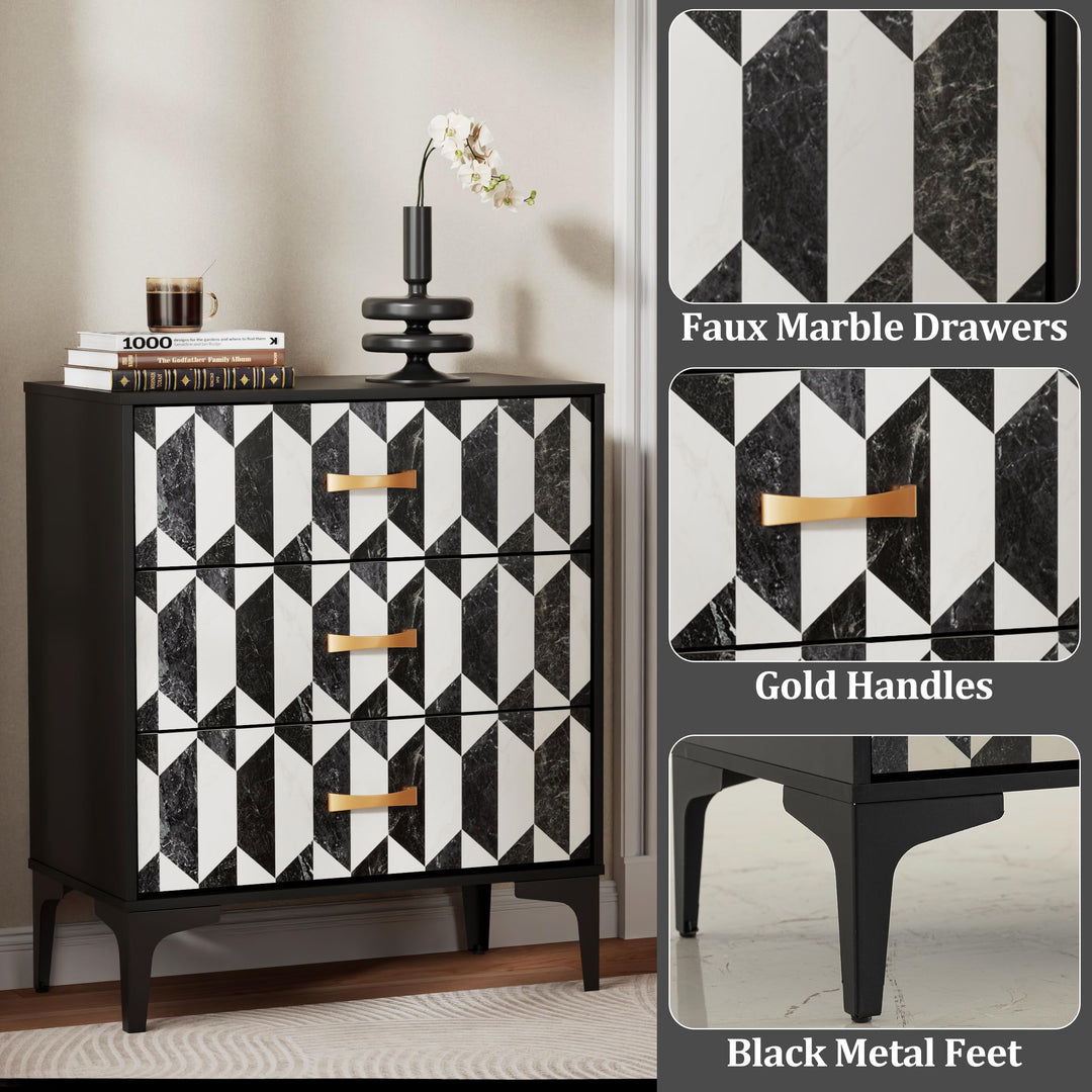 Anbuy Black Marble Nightstand, Modern Night Stand with 3 Drawers for Bedroom, Large Side End Table Bedside Night Tables with Gold Handles &amp; Matel Legs 