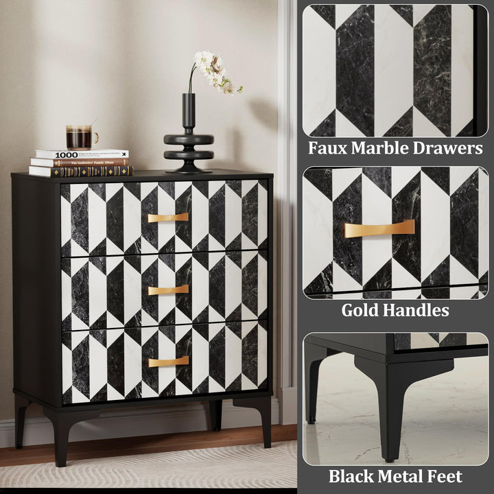 Anbuy Black Marble Nightstand, Modern Night Stand with 3 Drawers for Bedroom, Large Side End Table Bedside Night Tables with Gold Handles &amp; Matel Legs 