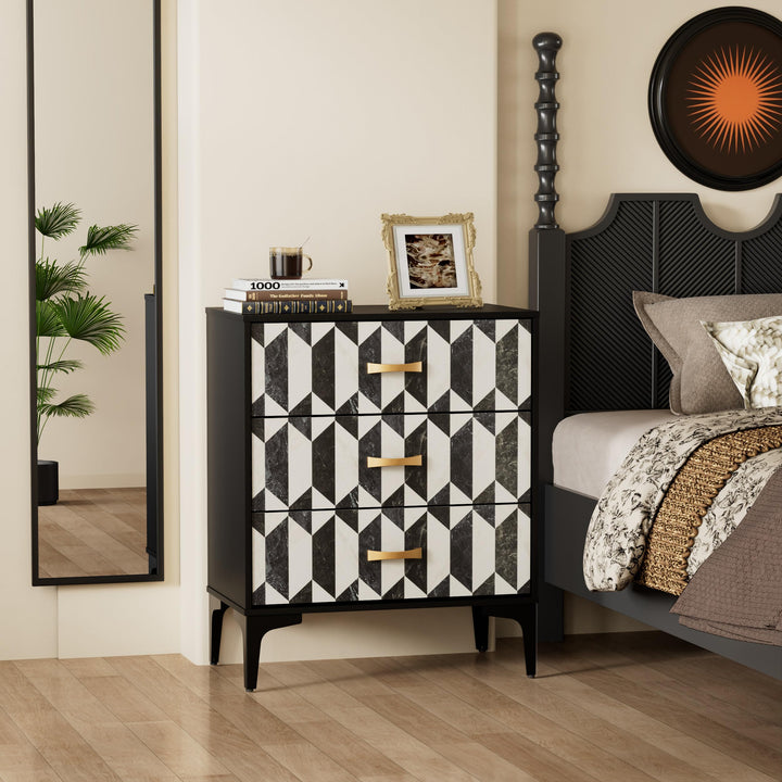 Anbuy Black Marble Nightstand, Modern Night Stand with 3 Drawers for Bedroom, Large Side End Table Bedside Night Tables with Gold Handles &amp; Matel Legs 