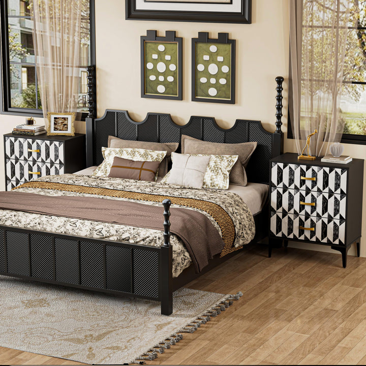 Anbuy Black Marble Nightstand, Modern Night Stand with 3 Drawers for Bedroom, Large Side End Table Bedside Night Tables with Gold Handles &amp; Matel Legs 