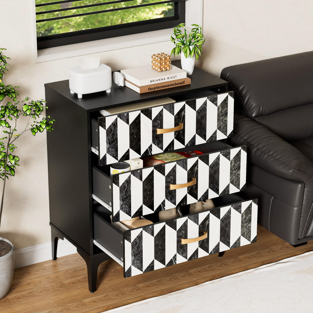 Anbuy Black Marble Nightstand, Modern Night Stand with 3 Drawers for Bedroom, Large Side End Table Bedside Night Tables with Gold Handles &amp; Matel Legs 