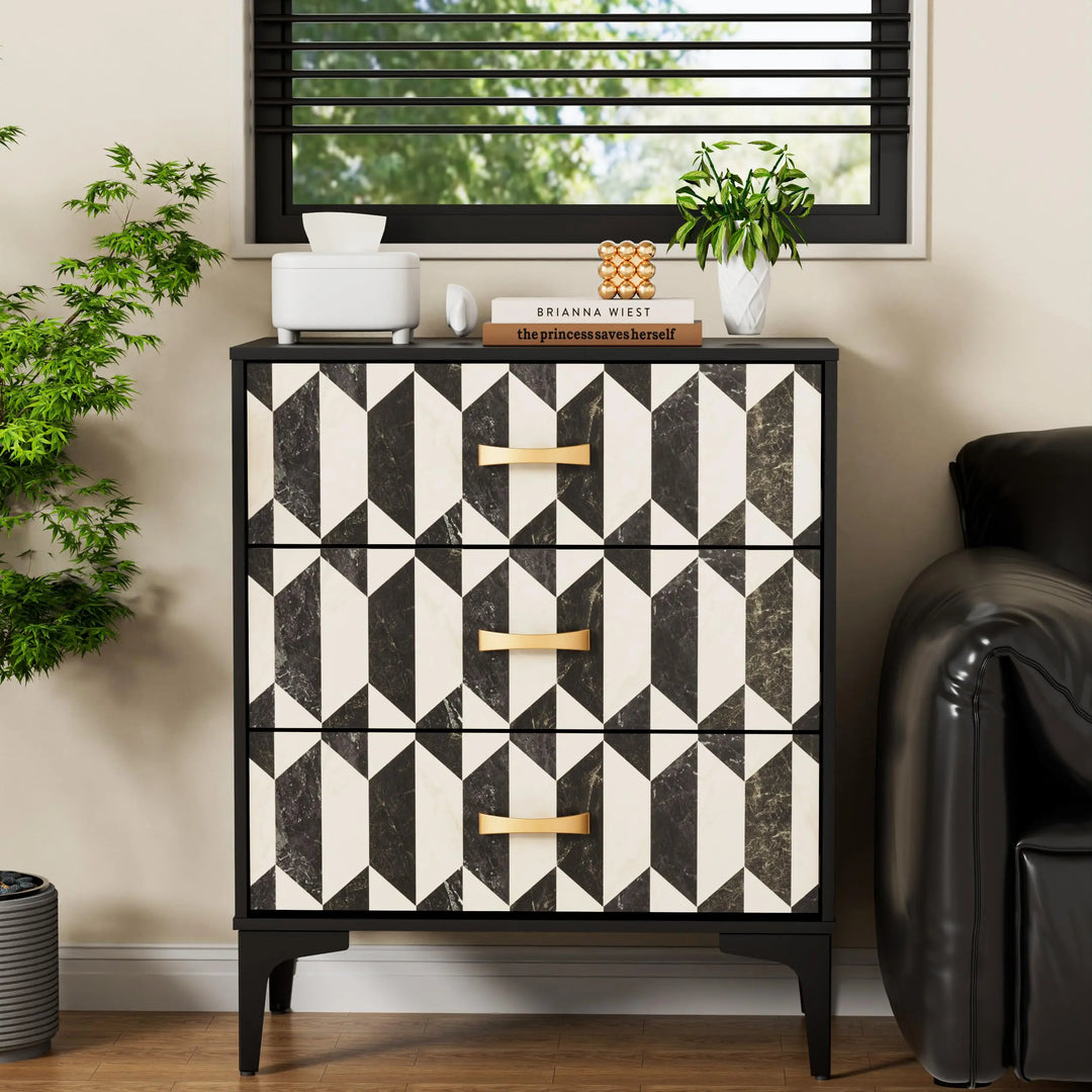 Anbuy Black Marble Nightstand, Modern Night Stand with 3 Drawers for Bedroom, Large Side End Table Bedside Night Tables with Gold Handles &amp; Matel Legs 