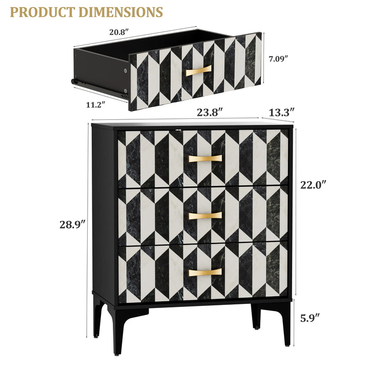 Anbuy Black Marble Nightstand, Modern Night Stand with 3 Drawers for Bedroom, Large Side End Table Bedside Night Tables with Gold Handles &amp; Matel Legs 