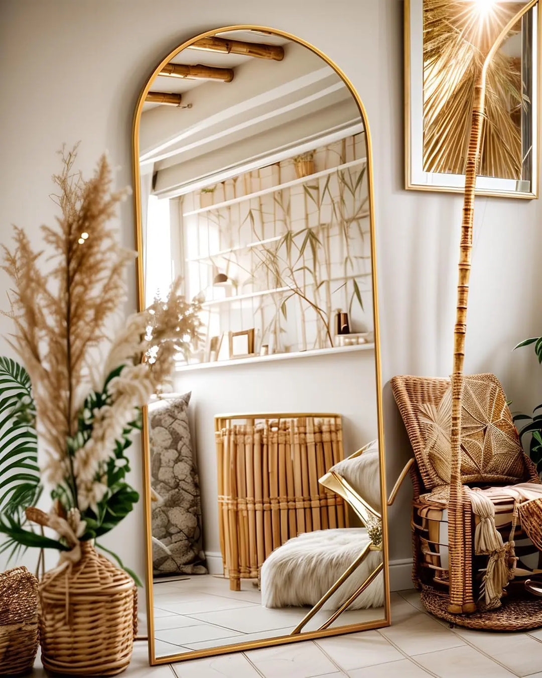 Antok 58" x19" Arched Full Length Mirror, Floor Mirror with Stand, Gold