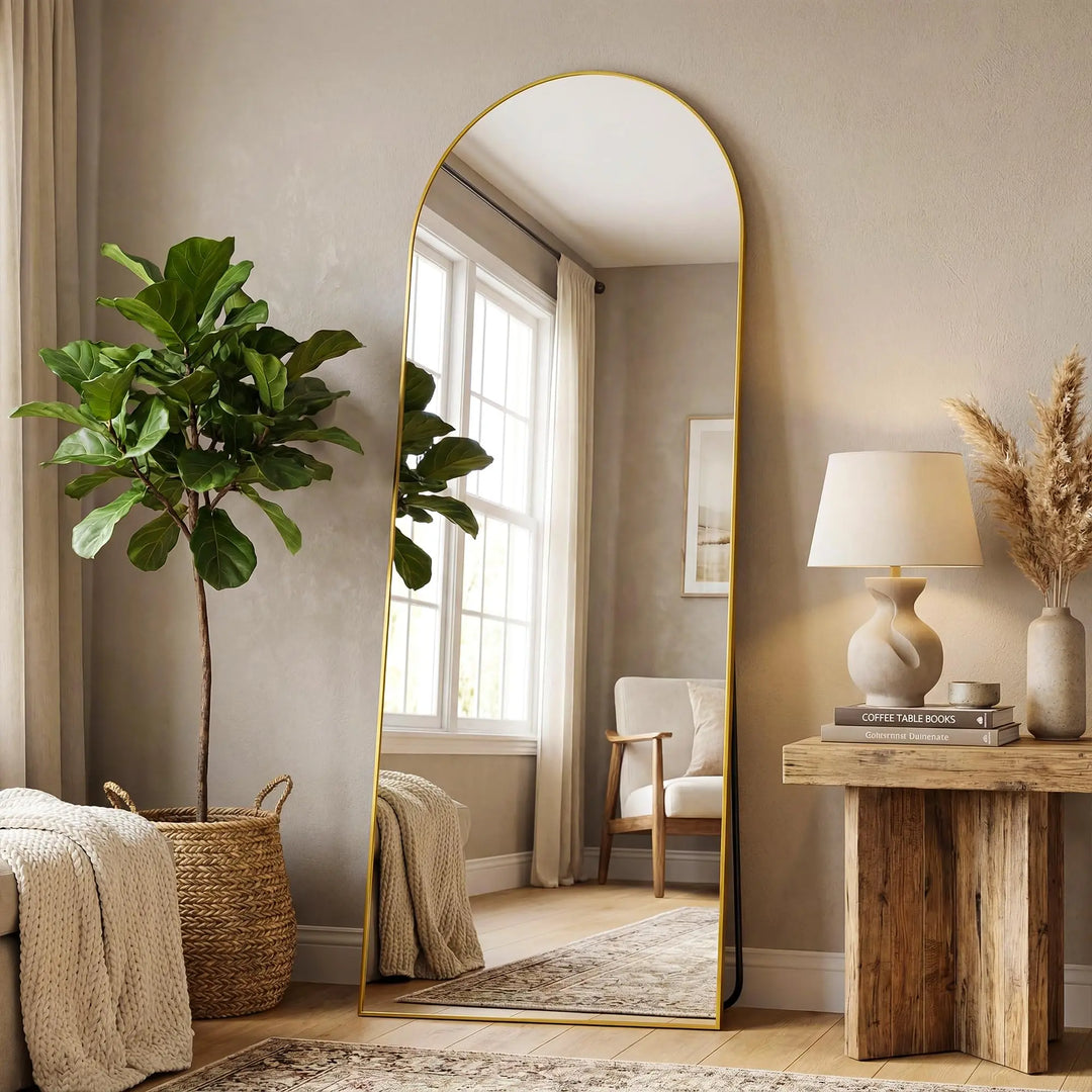 Antok 58" x19" Arched Full Length Mirror, Floor Mirror with Stand, Gold