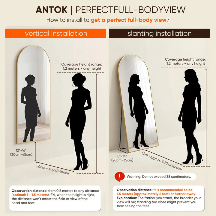 Antok 58" x19" Arched Full Length Mirror, Floor Mirror with Stand, Gold