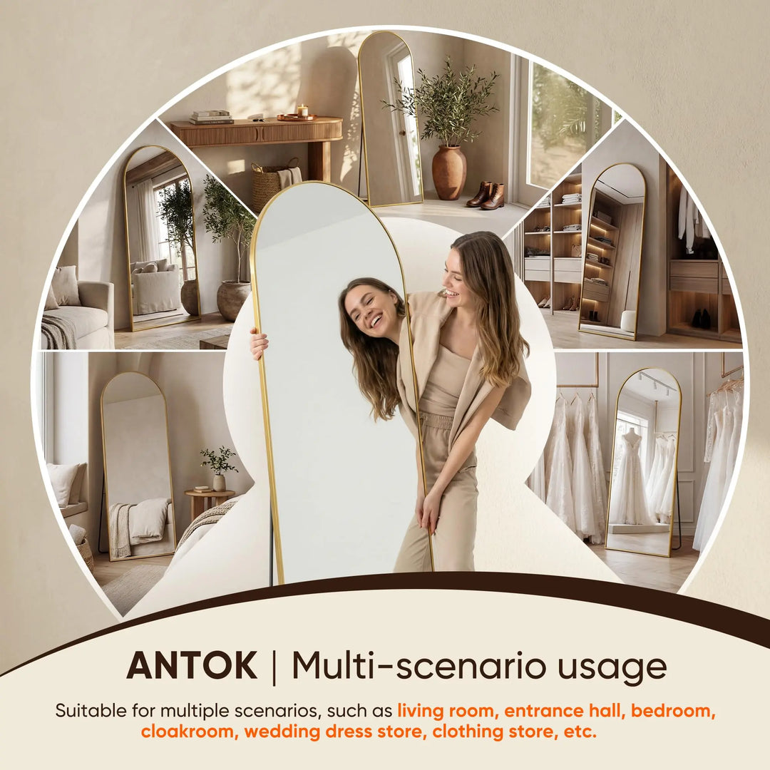 Antok 58" x19" Arched Full Length Mirror, Floor Mirror with Stand, Gold