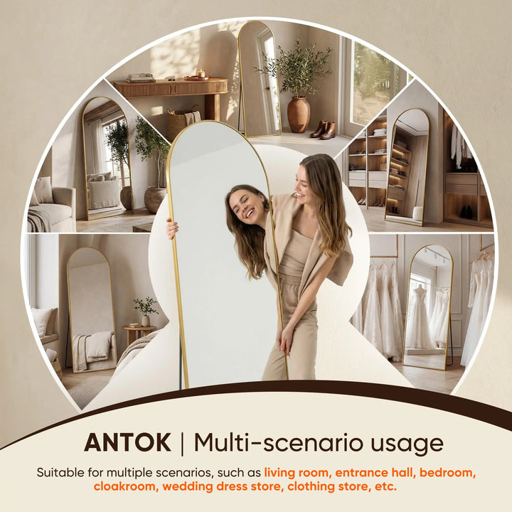 Antok 58" x19" Arched Full Length Mirror, Floor Mirror with Stand, Gold