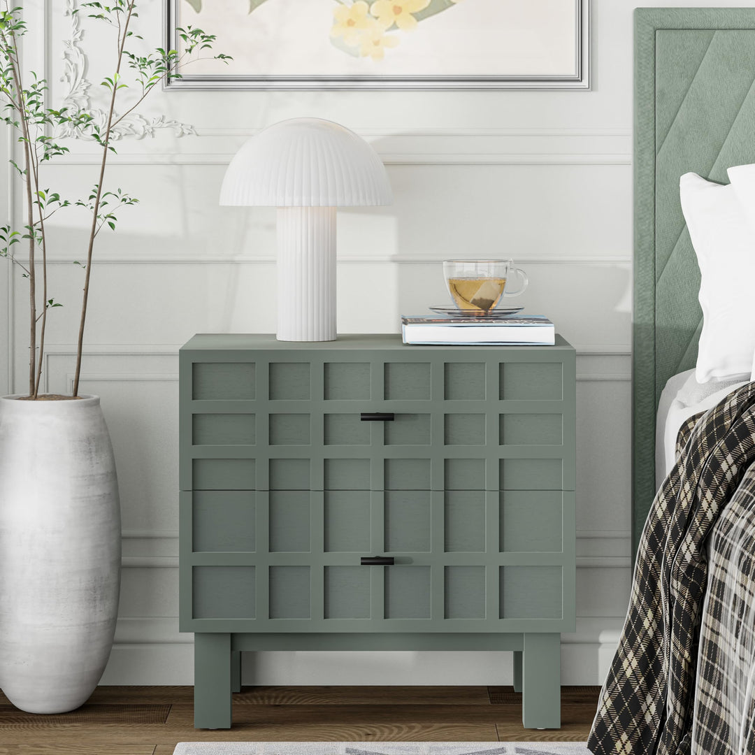 Aoikax Modern 2 Drawer Nightstand with Grid Carved Pine Front, Minimalist End Table Bedside Table with Metal Base for Bedroom, Ash Veneered Top, Metal Legs, Light Green 