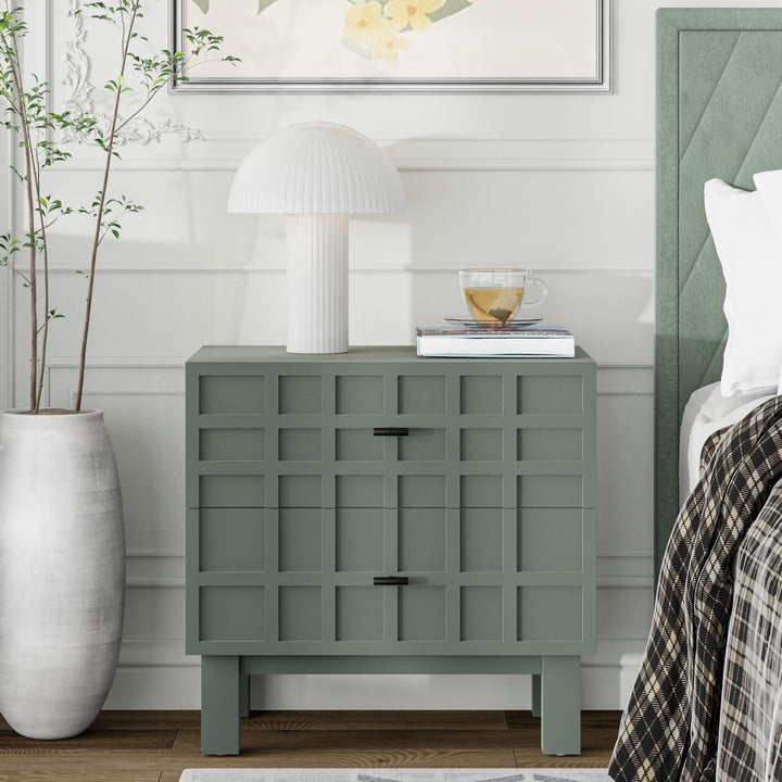 Aoikax Modern 2 Drawer Nightstand with Grid Carved Pine Front, Minimalist End Table Bedside Table with Metal Base for Bedroom, Ash Veneered Top, Metal Legs, Light Green 