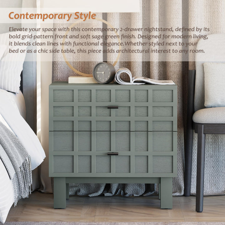 Aoikax Modern 2 Drawer Nightstand with Grid Carved Pine Front, Minimalist End Table Bedside Table with Metal Base for Bedroom, Ash Veneered Top, Metal Legs, Light Green 