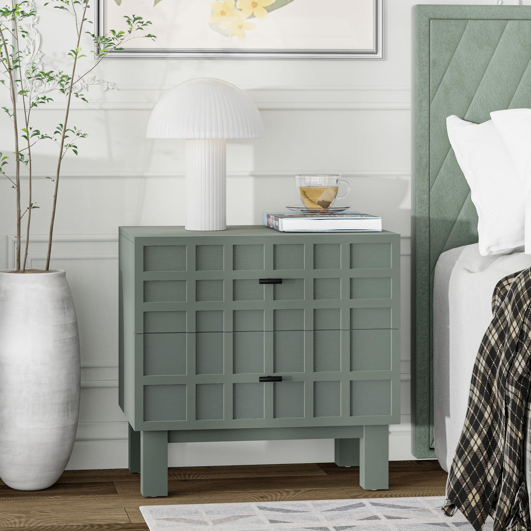 Aoikax Modern 2 Drawer Nightstand with Grid Carved Pine Front, Minimalist End Table Bedside Table with Metal Base for Bedroom, Ash Veneered Top, Metal Legs, Light Green 