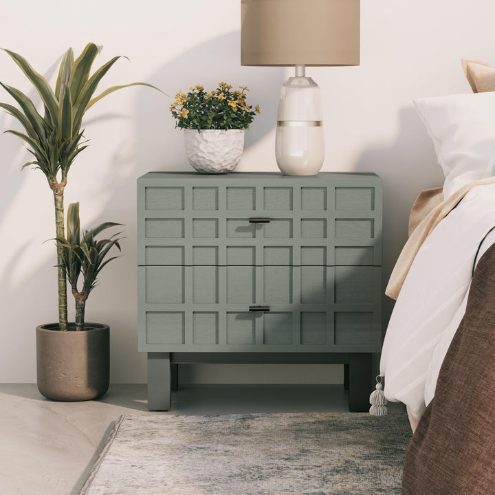 Aoikax Modern 2 Drawer Nightstand with Grid Carved Pine Front, Minimalist End Table Bedside Table with Metal Base for Bedroom, Ash Veneered Top, Metal Legs, Light Green 