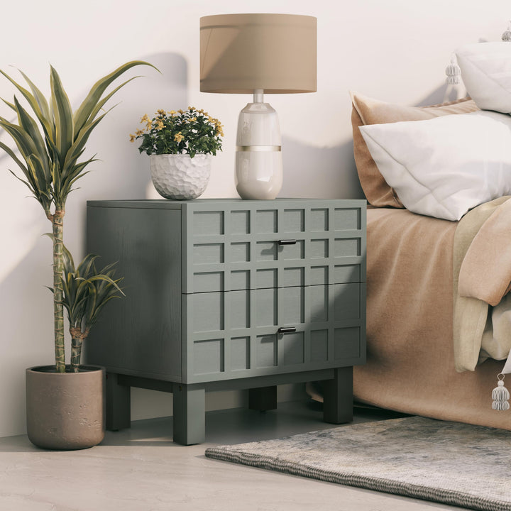 Aoikax Modern 2 Drawer Nightstand with Grid Carved Pine Front, Minimalist End Table Bedside Table with Metal Base for Bedroom, Ash Veneered Top, Metal Legs, Light Green 