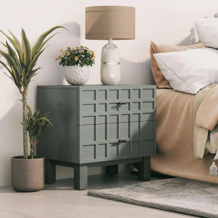Aoikax Modern 2 Drawer Nightstand with Grid Carved Pine Front, Minimalist End Table Bedside Table with Metal Base for Bedroom, Ash Veneered Top, Metal Legs, Light Green 