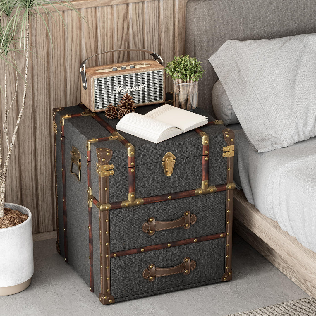 Aoikax Vintage Storage Chest with Buckle Hinged Top, Linen Accent End Side Table for Living Room, Office, Bedroom, Rectangle, Grey 