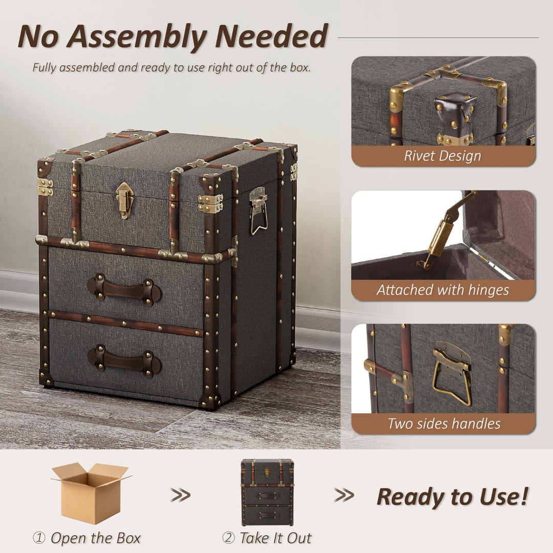 Aoikax Vintage Storage Chest with Buckle Hinged Top, Linen Accent End Side Table for Living Room, Office, Bedroom, Rectangle, Grey 