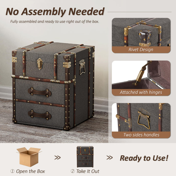 Aoikax Vintage Storage Chest with Buckle Hinged Top, Linen Accent End Side Table for Living Room, Office, Bedroom, Rectangle, Grey 
