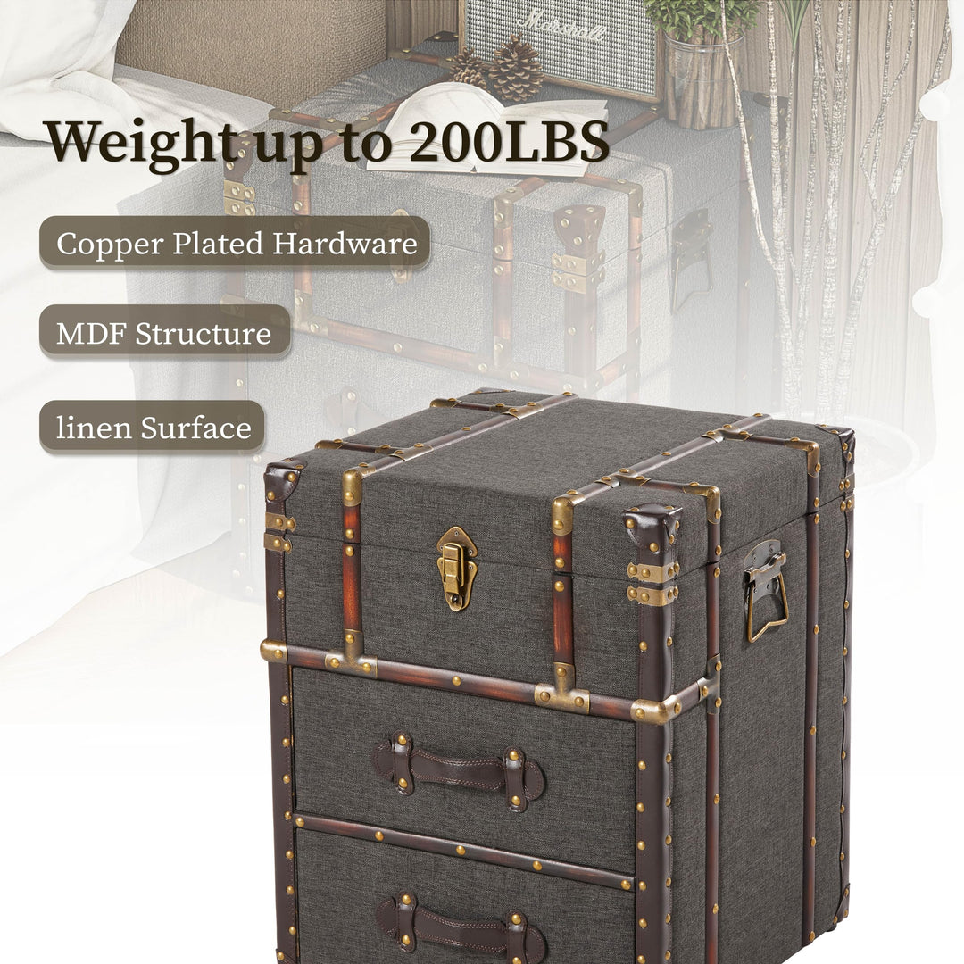 Aoikax Vintage Storage Chest with Buckle Hinged Top, Linen Accent End Side Table for Living Room, Office, Bedroom, Rectangle, Grey 
