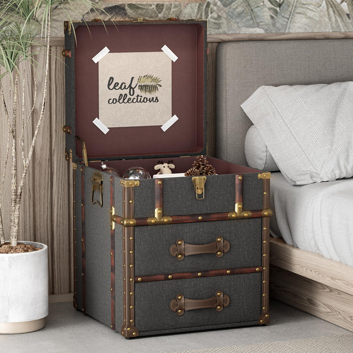 Aoikax Vintage Storage Chest with Buckle Hinged Top, Linen Accent End Side Table for Living Room, Office, Bedroom, Rectangle, Grey 
