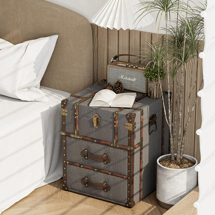 Aoikax Vintage Storage Chest with Buckle Hinged Top, Linen Accent End Side Table for Living Room, Office, Bedroom, Rectangle, Grey 
