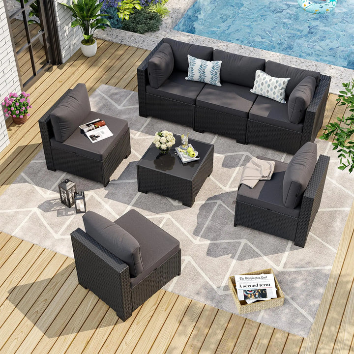 Aoxun 7-Piece Outdoor Furniture, Patio Furniture Sets with Thick Cushions, Wicker Conversation Set Sectional Sofa for Backyard, Poolside, Garden 