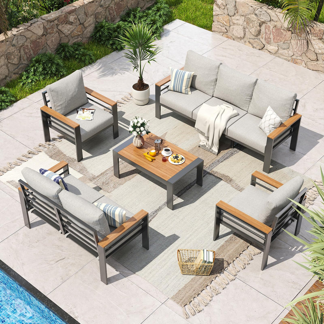 Aoxun Aluminum Patio Furniture Set 7 Seats, Oversized Outdoor Sectional with Washable Thick Cushions, Coffee Table, Patio Conversation Sets for Porch, Balcony, Deck 