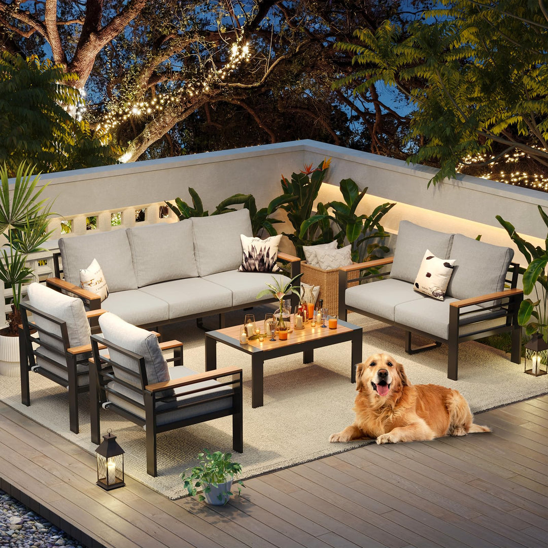 Aoxun Aluminum Patio Furniture Set 7 Seats, Oversized Outdoor Sectional with Washable Thick Cushions, Coffee Table, Patio Conversation Sets for Porch, Balcony, Deck 