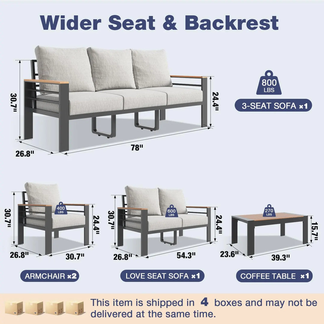 Aoxun Aluminum Patio Furniture Set 7 Seats, Oversized Outdoor Sectional with Washable Thick Cushions, Coffee Table, Patio Conversation Sets for Porch, Balcony, Deck 